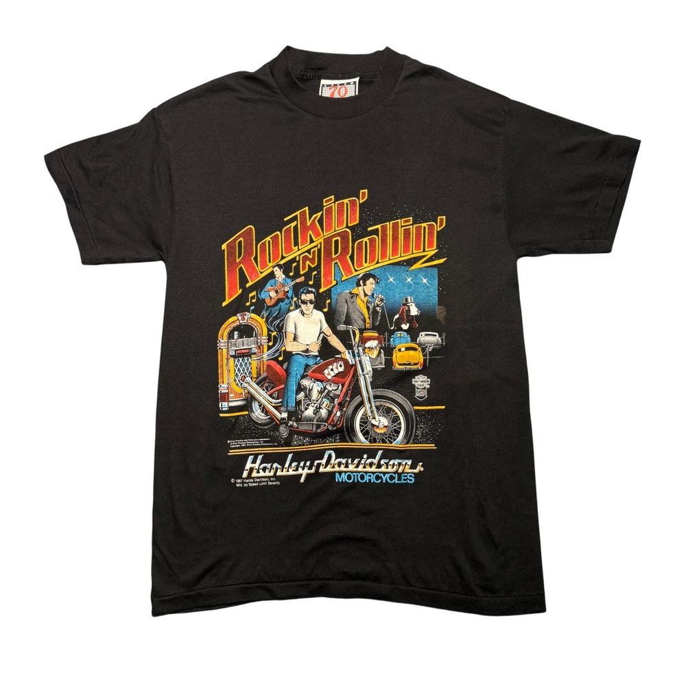 Vintage 1987 Harley Davidson Rockin n Rollin Elvis T-Shirt Black M/L